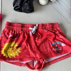Coca-Cola Red Terry Lounge Shorts with Yellow Sun Graphic